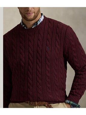 Polo Ralph Lauren Men’s 2XB Red Sweater Cable Knit Crew Neck Cotton Pony NWT